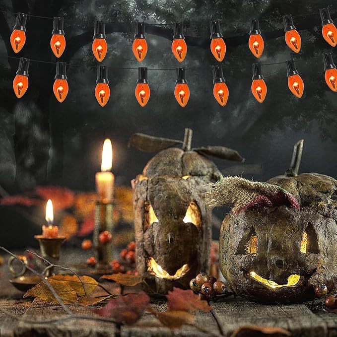 25Ft Orange Halloween Lights Outdoor, C7 Halloween Decorations Lights with 27 Orange Flicker Flame Bulbs, Vintage Christmas Flickering Light for Patio Garden Party Christmas Tree Decor-Black Wire