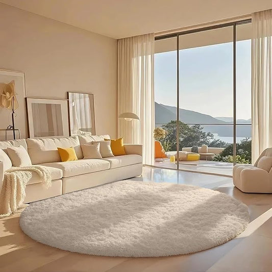 Ophanie Round Rug 7Ft White Circle Area Rug, Aesthetic Room Decor, Fluffy Fuzzy Bedroom Carpet, Plush Soft Shaggy Living Room Rugs for Kids Home Decor, Nursery