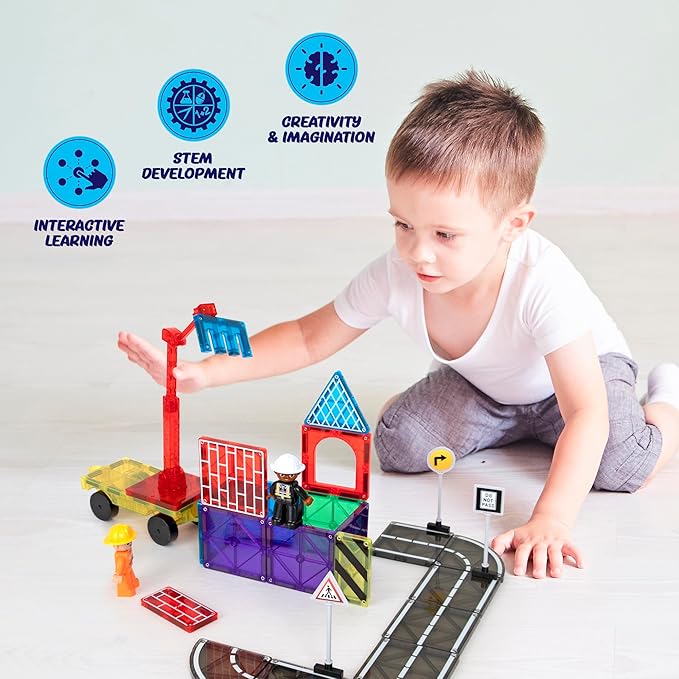 Playmags City Construction Magnetic Tiles Set, Building Blocks with Crane & Road Pieces, Educational STEM Toys for Boys & Girls Ages 3+ 52-Piece