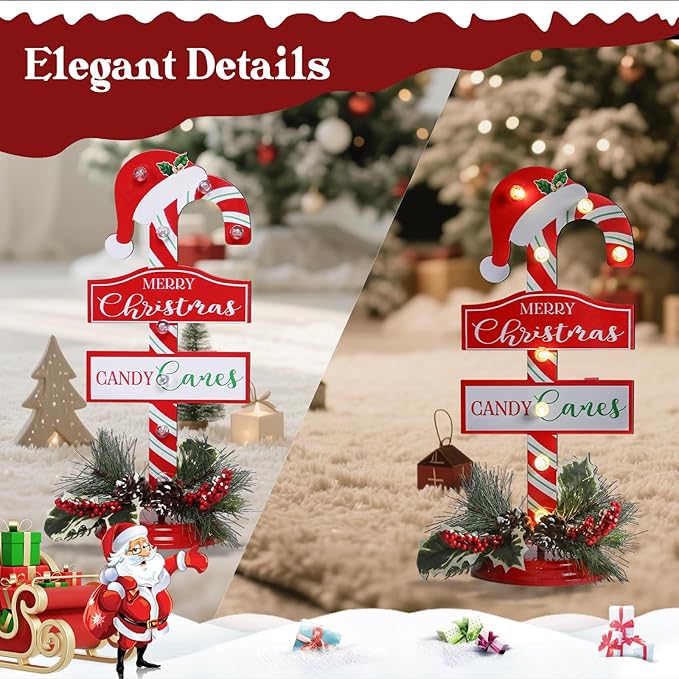 Metal Merry Christmas Sign with LED Light Battery Operated with Timer Christmas Signs with Base Xmas Holiday Decorations table Indoor Display Decor Candy Cane Small