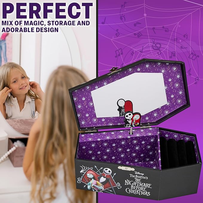 Get Trend Disney The Nightmare Before Christmas Musical Jewelry Box for Girls Mirror, Wind Up Music, Jewelry Organizer, Halloween Gifts for Girls (Black TBNC)