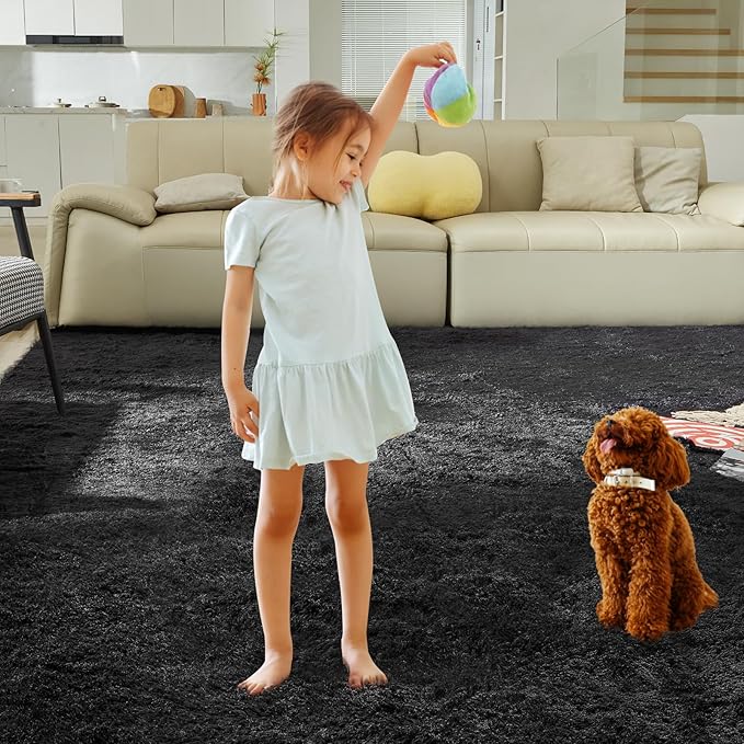 Ultra Soft Rug for Living Room,Black Fluffy Shag Area Rug for Bedroom, Modern Shaggy Carpets Fuzzy Rug for Kids Boys Girls Dorm Nursery Home Decor Aesthetic, Upgrade Anti-Skid Durable, 3X4