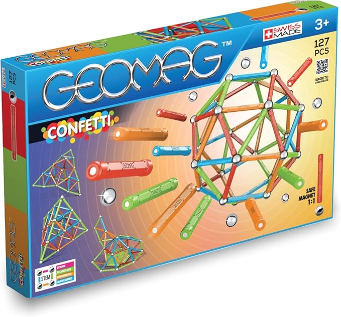Geomag Magnetic Sticks and Balls Building Set | Magnet Toys for STEM, Creative, Educational Construction Play | Swiss-Made Innovation | Confetti 127 Piece
