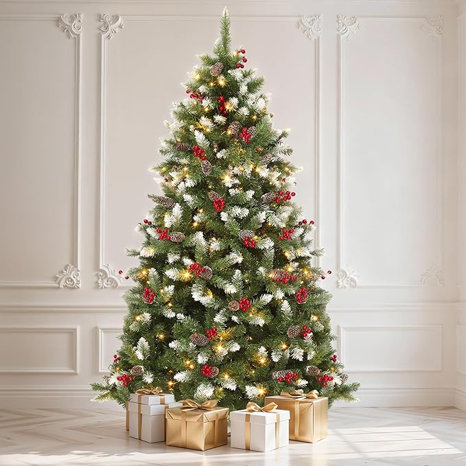 DWVO Prelit Christmas Tree 7.5ft with 82 Pine Cones & 82 Red Hollies, Atificial Tree with 550 LED Lights, Full Green Xmaxs Trees with 1398 Metal Hinged Branch Tips & Stand for Home Party Decoration