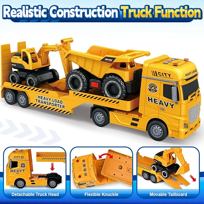 Toddler Boy Toys for 3 4 5 6 7 Years Kids, 25" Semi Construction Carrier Truck Toy with Excavator and Dump Truck, Friction Powered Toys with Lights and Sounds, Birthday for Boy Girls