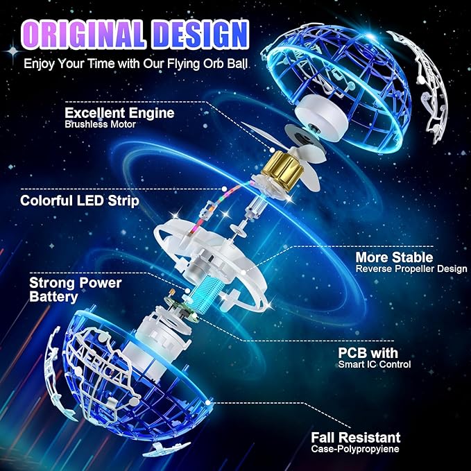 Flying Orb Ball 2025 Hover Boomerang Ball 6 Lighting Effects Cool Toys Gift for 678910+ Year Kids Teen Adults Indoor Outdoor Flying Toy（Blue & Blue）