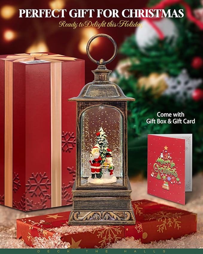 Musical Christmas Snow Globes Lantern, 11" Lighted Electric Snowglobes with 8 Holiday Songs, 6H Timer Dual Power, Santa & Snowman Christmas Ornaments Snow Globe for Kids Adults, Gifts for Men Women