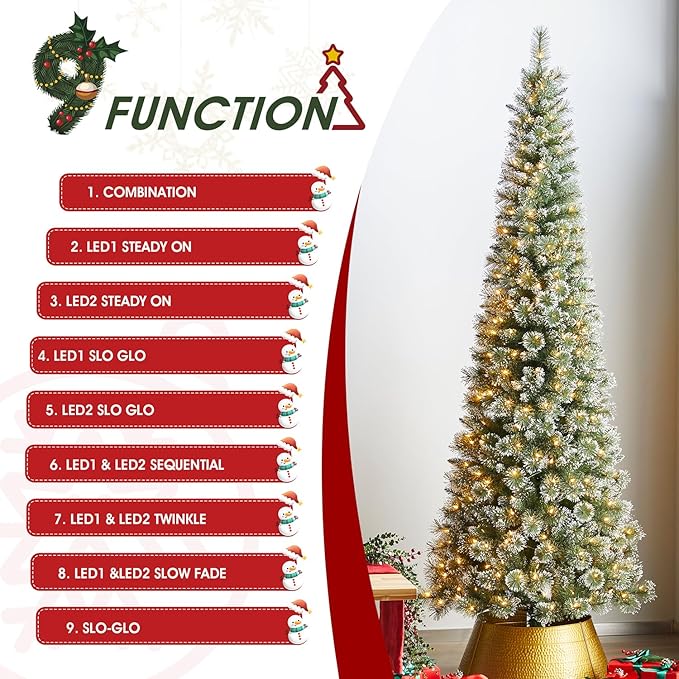 Glitzhome 9ft Prelit Christmas Tree, Artificial Christmas Trees, Portland Cashmere Pine Pencil Tree with 350 Warm White/Multi-Color C3 Clear LED Lights, 9 Function w/Remote Control, Easy Assembly