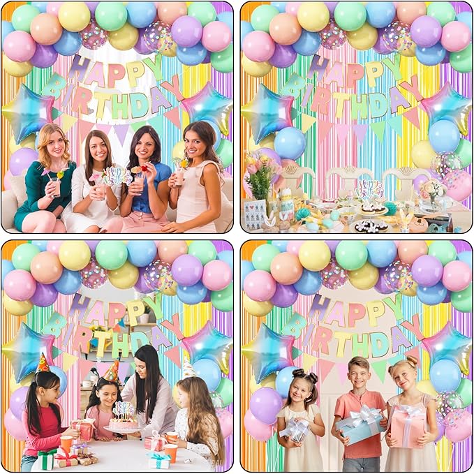 Pastel Birthday Decorations for Girls, Macaron Rainbow Pastel Color Balloons Reusable Happy Birthday Banner Sign Fringe Curtain Backdrop Cake Toppers for Kid Spring Baby Shower Party Decoration