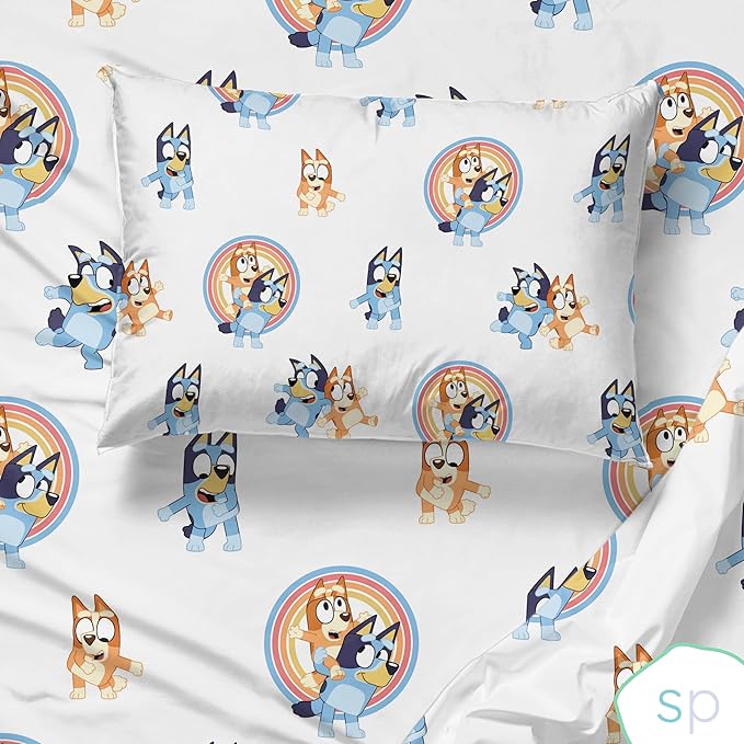 Saturday Park Bluey and Bingo Rainbow Clouds Twin Sheet Set - 3 Piece 100% Organic Cotton Sheets with Pillow Cover- GOTS & Oeko-TEX Certified