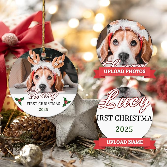 Personalized Pet Dog First, Customized 2025 Pet Ornaments for Christmas Tree, Puppy 1st Annual Xmas Holiday Keepsake Gift, Dog Lovers Gifts for Christmas Tree Decoration