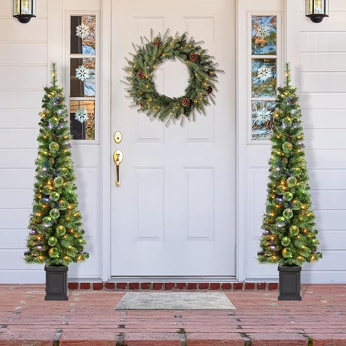 Glitzhome 6ft Prelit Artificial Christmas Tree, Green Cashmere Pine Christmas Porch Tree with pinecones,272 Pine&PVC Branch Tips,130 Warm White/Multi-Color Lights,9 Function w/Remote Control