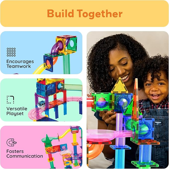 PicassoTiles 108pc Magnetic Marble Run Set with Building Tiles Race Track Car Slides Set STEM Learning Toy 3-in-1 Preschool Construction Kit for Indoor Activity and Development for Kids age 3+ PTG108