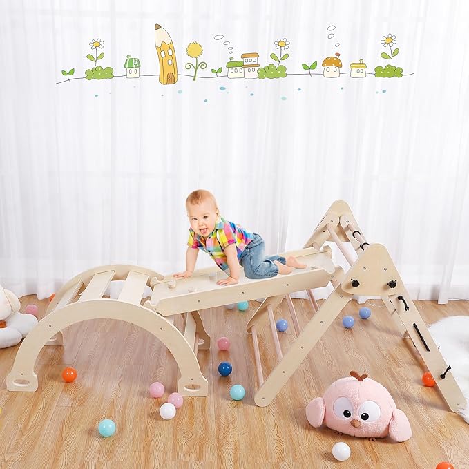 Toddler Indoor Gym Playset, 3-in-1 Wooden Climbing Toys, Triangle Folding Climbing for Climbing & Sliding for Boys and Girls,18M+