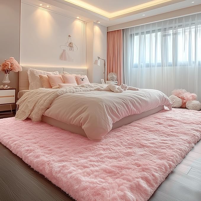 PAGISOFE Pink Fluffy Plush Area Rug 5x8, Kids Shag Rugs for Bedroom Girls, Living Room, Pastel Carpet Nursery Floor Girls Dorm Rug, Plush Soft Kids Rug for Room Decor Aesthetic Kawaii Pink Rugs