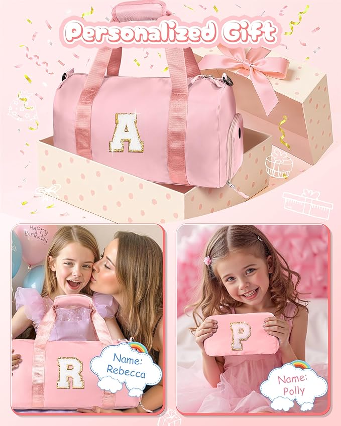 Christmas Gifts for Girls-Girl Gym Bag with Shoe Compartment, Kid Personalized Weekender Overnight Bags, Initial Travel Tote with Makeup Pouch, Gift Ideas for Niece Sister (Letter W)