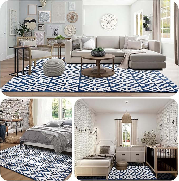 Ompaa Ultra Soft Shaggy Rugs Memory Foam Bedroom Carpet, Blue 7 x 10 Feet Large, Plush Geometric Textured Area Rugs for Living Room Couch Dorm Bedside Kids Girls Teens Room Nursery Decor Floor Mat