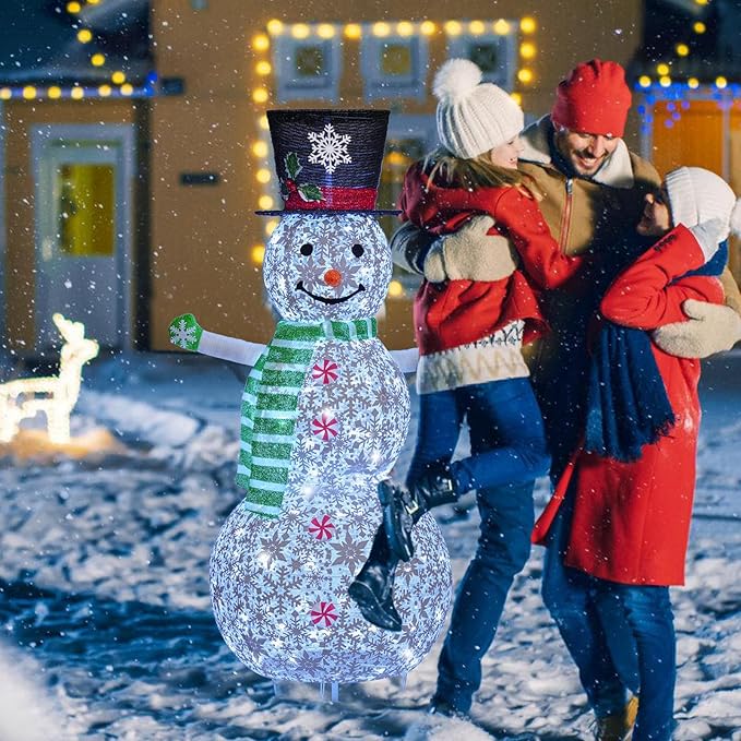 Lighted Snowman Christmas Decorations, 4.1FT Large Collapsible Outdoor Snowman with Green Scarf and Vest, Pop Up Snowman for Indoor/Outside Yard Xmas Lawn Decor