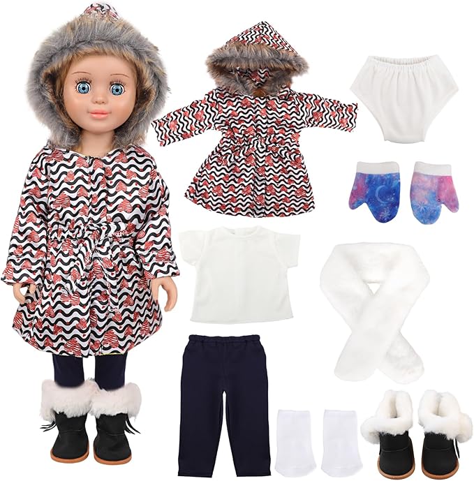 18-inch Doll Down Jacket, Doll Winter Clothing Set, 5 Different Colors and Patterns Available. (White/Black-Heart Print)