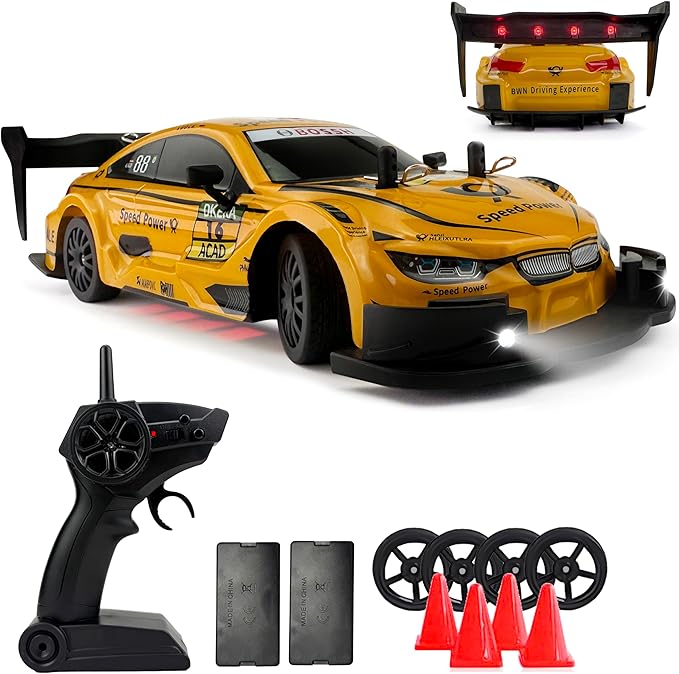 1:20 RC Drift Car 2.4GHz 4WD High Speed Drift Remote Control Cars Vehicle with LED Lights and Drifting Tires Batteries x2 Racing Sport Toy Cars for Adults Boys Girls Kids (Yellow)