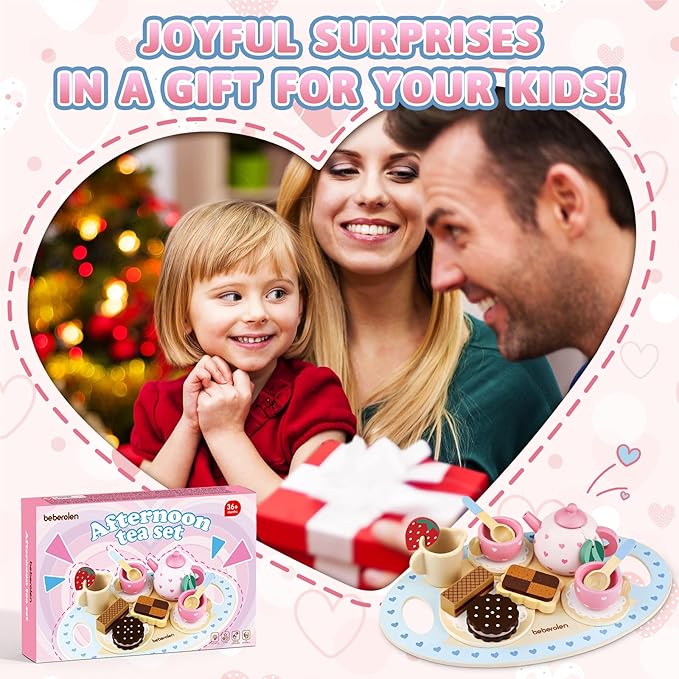 Wooden Tea Set for Little Girls Birthday Gift 3-4 Year Old Princess Toys Play Food Sets for Kids Kitchen Accessories Toddlers 3-5 Outdoor Party Pretend Food Dessert Cookies Wood Toy