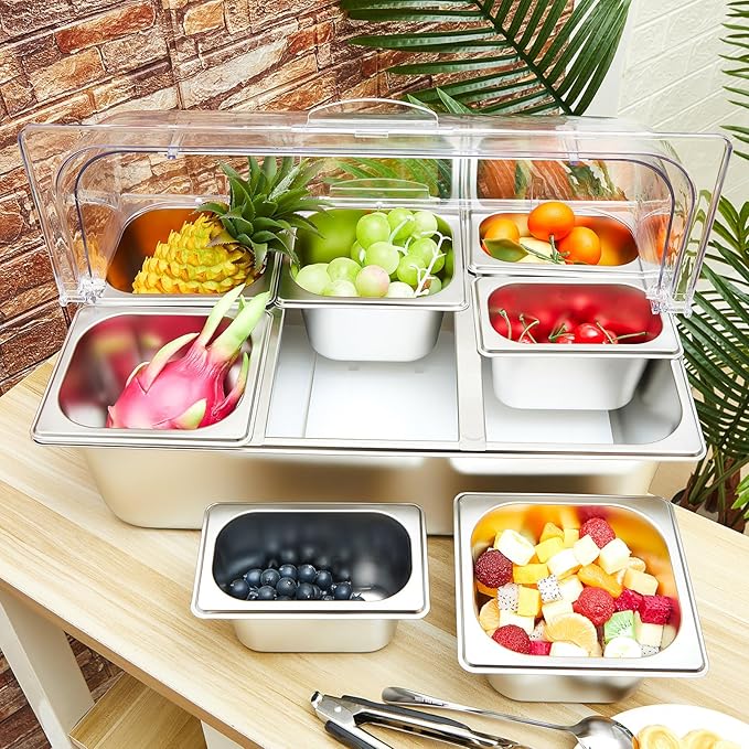 Tessco for you 16 Pcs Countertop Chilled Condiment Container Set with Lid, Stainless Steel Salad Cold Ice Food Spice Serving Display Caddy for Buffet Restaurant Kitchen Party(7 Compartments)