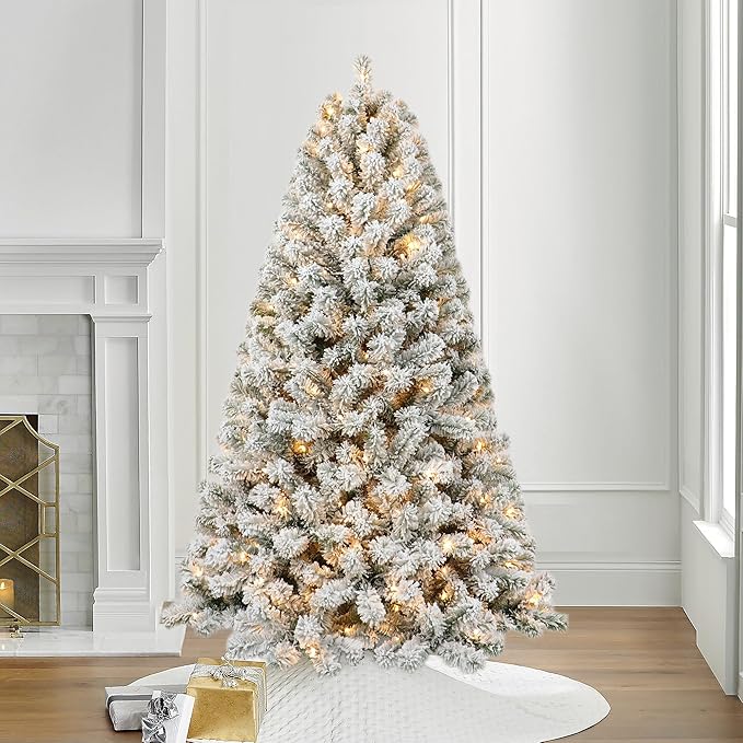 6ft Pre-lit Flocked Elwood Pine Christmas Tree with 717 Branch Tips, 300 Radiant Warm White LED Lights - Captivating Realism and Enchanting Holiday Aura