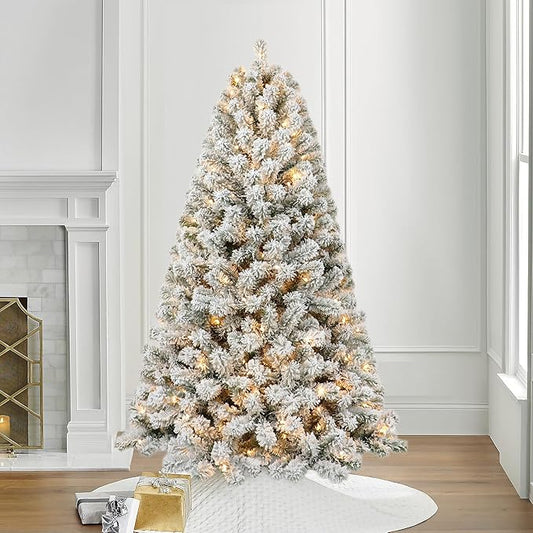 6ft Pre-lit Flocked Elwood Pine Christmas Tree with 717 Branch Tips, 300 Radiant Warm White LED Lights - Captivating Realism and Enchanting Holiday Aura