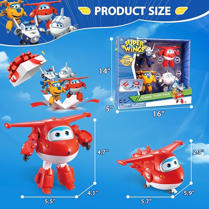 Super Wings 5" Transformable 4-Pack Action Figure Tobot, Transforming Airplane Robot Toys, Educational Toys for Boys & Girls Age 3+, Gifts for Preschool Kids, Jett, Paul, Donnie, Astra