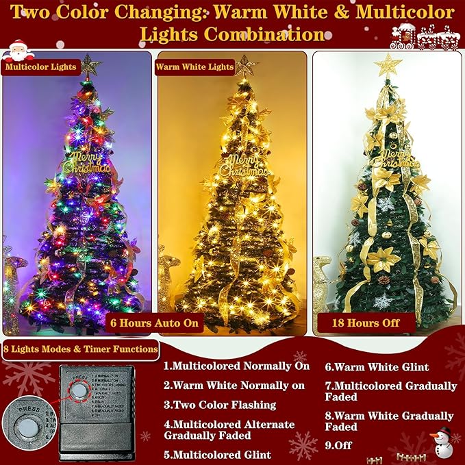 6Ft Pop Up Full Christmas Tree Prelit Dual Color Change and Pre-Decorated 80 Ornaments 1 Minute Christmas Tree 200 Warm White&Colored Lights Timer 8 Mode UL Plug in Collapsible Xmas Tree Holiday Decor