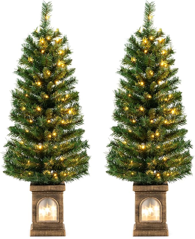 Goplus 4ft Pre-Lit Christmas Tree for Entrances, Set of 2 Artificial Potted Xmas Tree with 100 LED Lights, Timer, 3 Lighting Modes, 160 Branch Tips, Antique Urn Base, Porch Holiday Decor