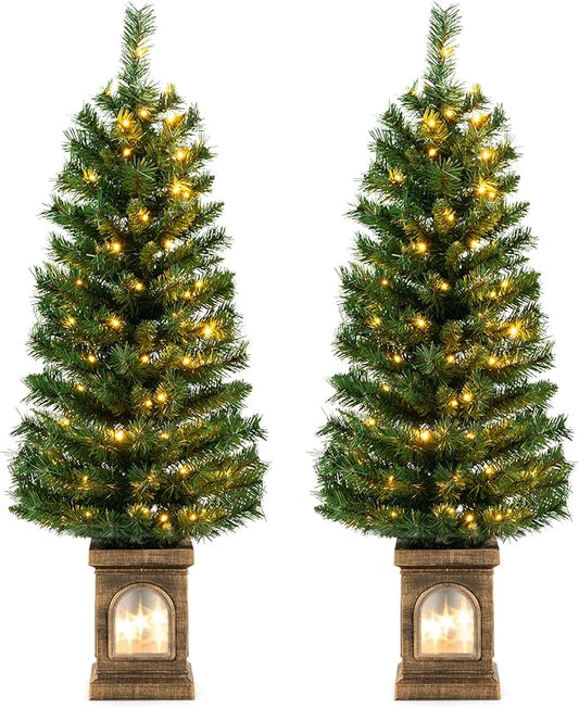 Goplus 4ft Pre-Lit Christmas Tree for Entrances, Set of 2 Artificial Potted Xmas Tree with 100 LED Lights, Timer, 3 Lighting Modes, 160 Branch Tips, Antique Urn Base, Porch Holiday Decor