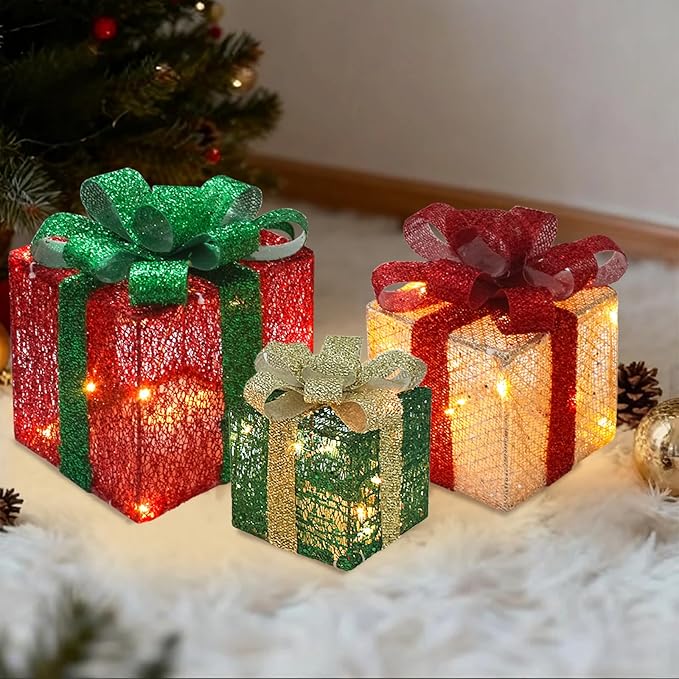 Christmas Light Gift Box Decorations, 3-Piece Set, Pre-Strung Wired Gifts with Bows, Illuminate Christmas Tree Skirt Decorations. Suitable for Indoor and Outdoor Use.