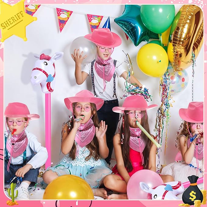 Xtinmee 48 Pcs Kids Cowboy Party Favor with Cowboy Hats Inflatable Stick Horses Bandanas Heart Glasses for Kid Costume(Pink)