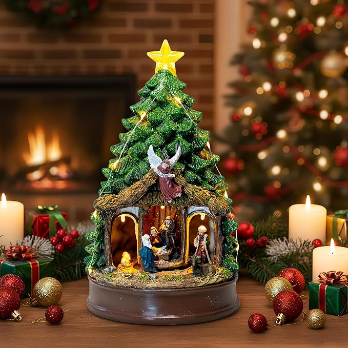 Musical Christmas Tree Rotating Nativity Scene with Star LED Light, Christmas Holy Family Angel Figurines for Xmas Decor Gift, Tabletop Decorative Christmas Trees Ornaments