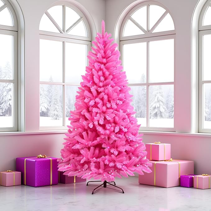 YULETIME 6.5 Feet Pre-Lit Pink Christmas Tree, Artificial Holiday Decorative Tree with UL Listed 300 Pink LED Christmas Lights with Matching Color Wire