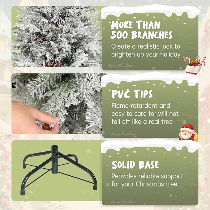 4ft Premium Hinged Artificial Holiday Christmas Tree for Home, Office, Party Decoration Snow Flocked Xmas Pine with 500 Branch Tips, Easy Assembly, Metal Hinges & Base (White)