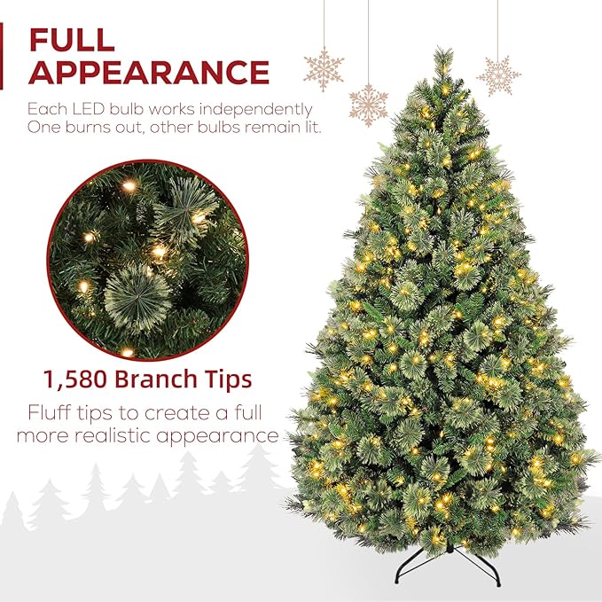 Hykolity 7.5 ft Prelit Christmas Pine Tree, Artificial Christmas Tree with 450 Warm White Lights, 1580 PVC Branch Tips, Metal Stand and Hinged Branches for Decoration, Party