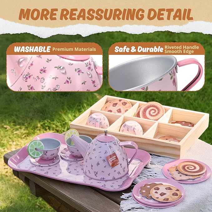 Kids Tea Party Set for Little Girl, Tea Sets for Toddler Pretend Play Food Kitchen Toy Accessories Gift for 3 4 5 6 Years Old Girls Boys (Pink)