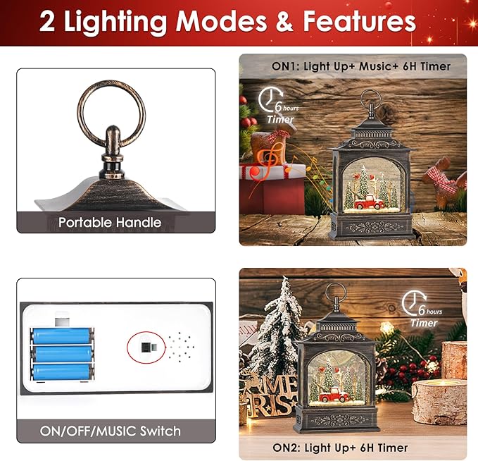 Musical Christmas Snow Globe Lantern with 6H Timer, Lighted Christmas Decorations Battery Operated Snow Globe for Home Tabletop, Red Truck & Cardinals