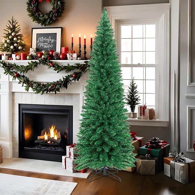7FT Christmas Tree,Artificial Pencil Christmas Tree with 448 Branch Tips,Xmas Tree with Solid Metal Foldable Stand Perfect for Indoor&Outdoor,Christmas Decoration for Party by DNKMOR