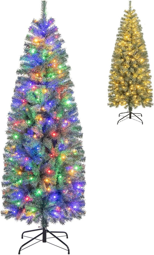 GOFLAME 6.5FT Pre-Lit Pencil Christmas Tree, Hinged Artificial Xmas Tree with 556 Branch Tips, 200 LED Lights, 9 Lighting Modes & Folding Metal Stand, Slim Holiday Decoration Tree for Home Party