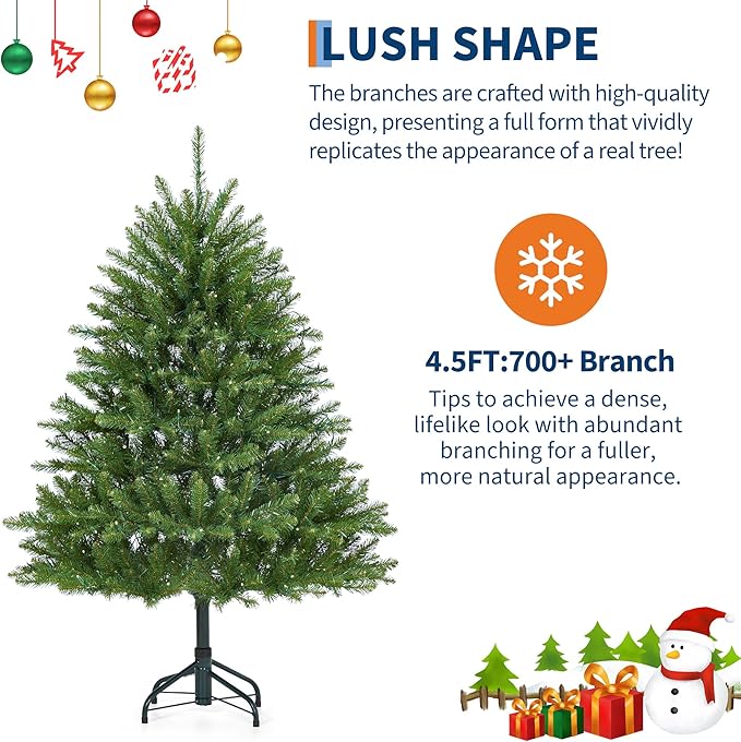 Christmas Artificial Tree 4.5 FT, PVC Mixed Automatic Tree with Dual Color LED Lights, Easy Setup, Durable, Modern Design, Indoor & Outdoor Holiday Decoration