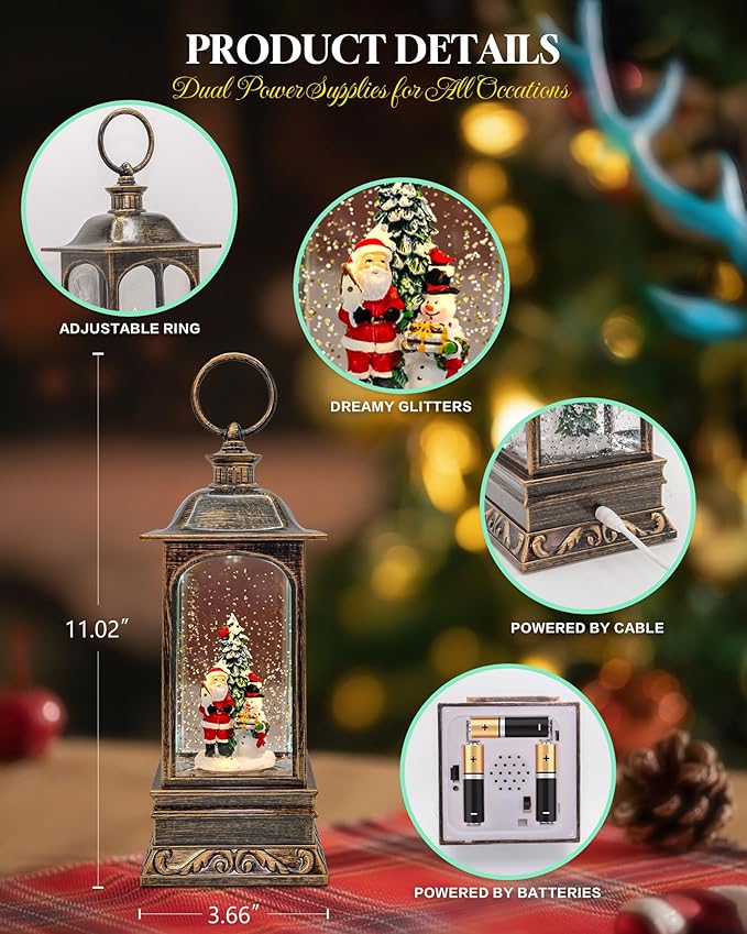 Musical Christmas Snow Globes Lantern, 11" Lighted Electric Snowglobes with 8 Holiday Songs, 6H Timer Dual Power, Santa & Snowman Christmas Ornaments Snow Globe for Kids Adults, Gifts for Men Women