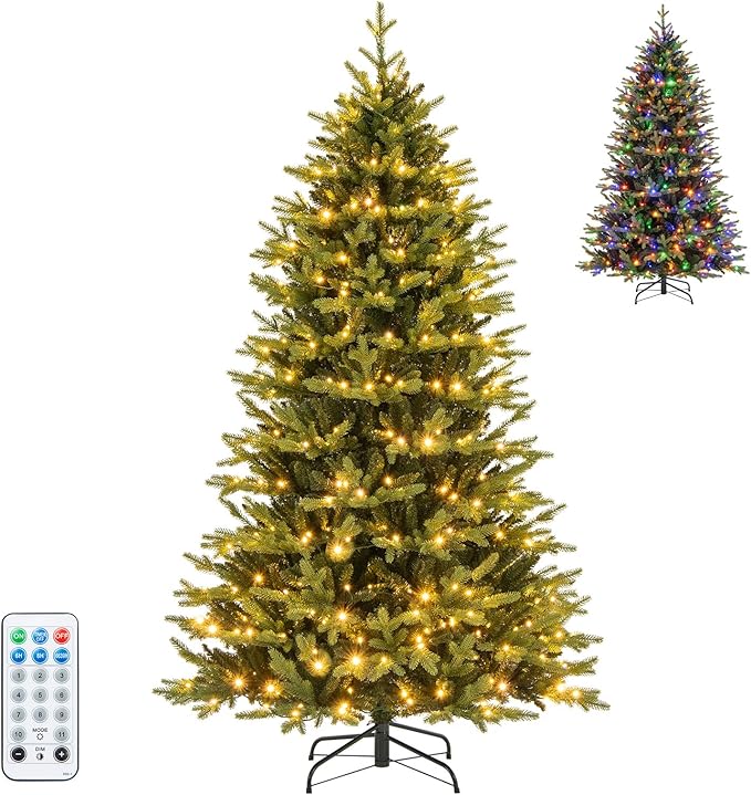 GOFLAME 7FT Prelit Artificial Christmas Tree, Hinged Christmas Tree with 470 LED Lights, 11 Lighting Modes, 1646 PE & PVC Branch Tips, Holiday Decoration Tree with Remote, Timer, Adjustable Brightness