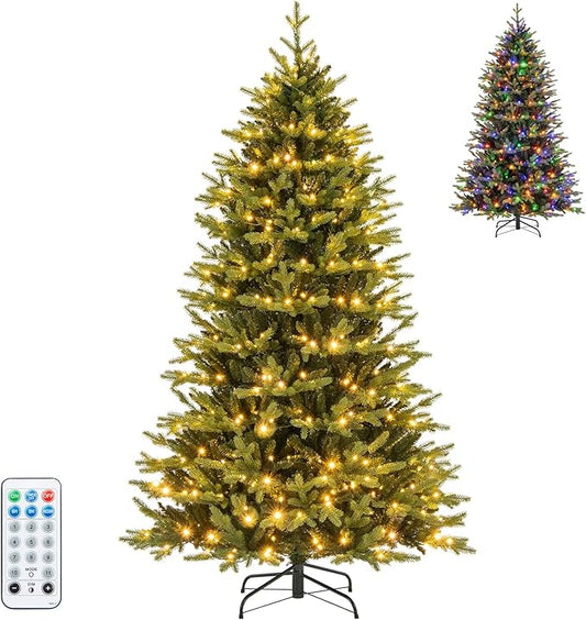 GOFLAME 7FT Prelit Artificial Christmas Tree, Hinged Christmas Tree with 470 LED Lights, 11 Lighting Modes, 1646 PE & PVC Branch Tips, Holiday Decoration Tree with Remote, Timer, Adjustable Brightness