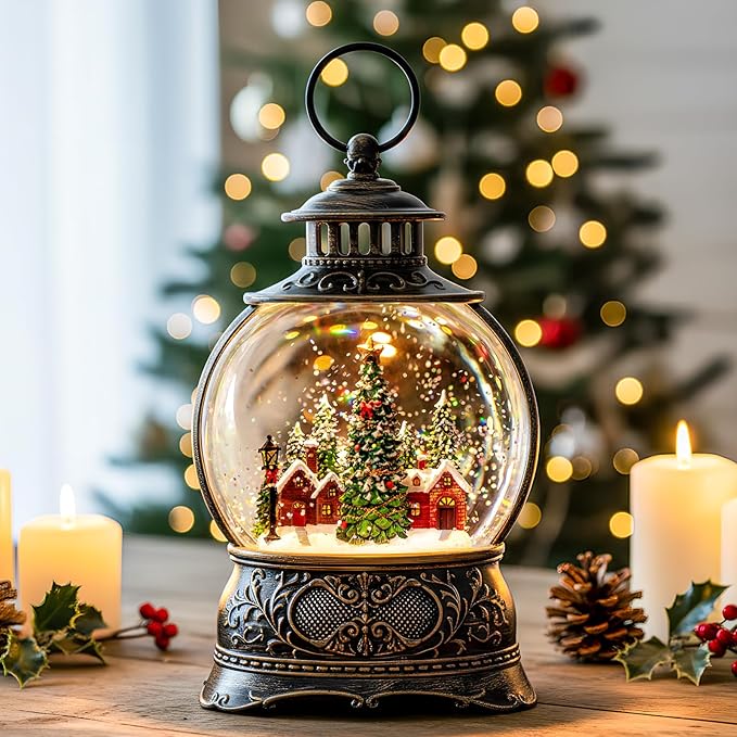 Christmas Village Snow Globe Lighted Christmas Tree and Village Scene, Musical Snow Water Lantern Swirling Glittering Home Decoration and Gift, Battery Operated or USB Powered