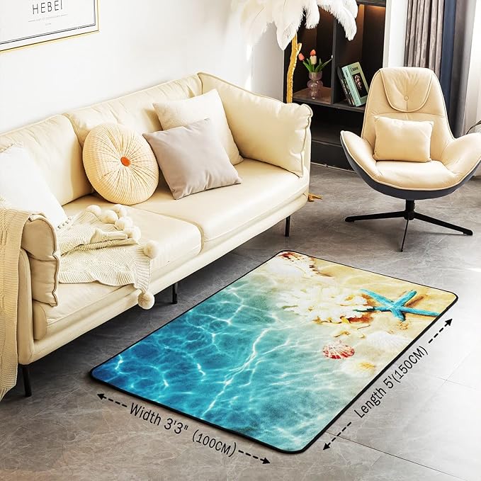 Ocean Area Rug 3x5, Beach Rug, Coastal Nature Theme Teal Carpet, Boys Girls Hawaiian Sea Wave Animals Shell Starfish Washable Non Slip Decorative Rug for Living Room, Blue