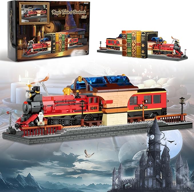 2in1 Harry Magic Train & Bookends Building Set, Home Decorative Building Block Toy, Ideal Collectible & Display Building Toys for Adults & Children, Cool Bookshelf Organizer & Home Decor 1068PCS