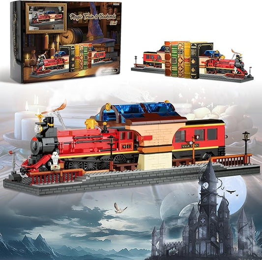 2in1 Harry Magic Train & Bookends Building Set, Home Decorative Building Block Toy, Ideal Collectible & Display Building Toys for Adults & Children, Cool Bookshelf Organizer & Home Decor 1068PCS